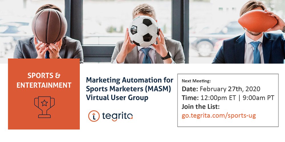 tegrita's tweet image. Hey #SportsMarketers! 

Here's a look at this quarter's #MASM User Group agenda: 
- Marketing Automation Strategy: Don’t Let the Fire Go Out – Life After #IPWarming
- MarTech Introduction: #Sureshot
- Eloqua How-To: Stack Attack – #Formstack Walk-through

go.tegrita.com/sports-ug