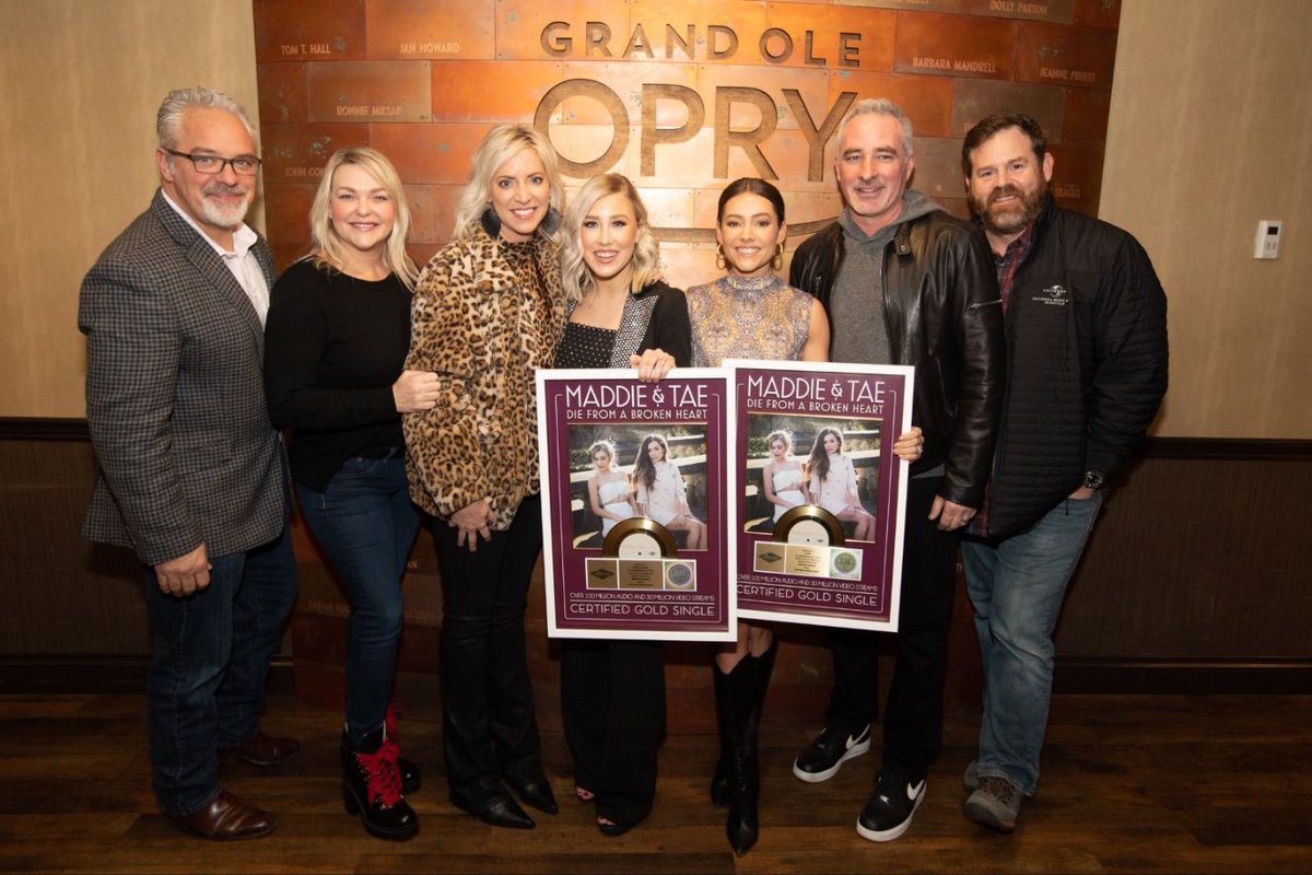 RIAA's tweet photo. Congrats 👏 👏 👏 @MaddieandTae on your newly Gold 📀 Single, "Die From A Broken Heart." @UMGNashville https://t.co/afqMjJY3wG