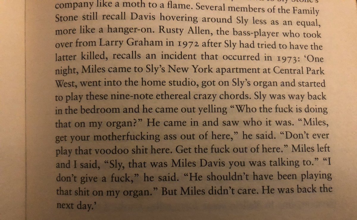 Sly Stone kicks Miles Davis off his keyboard, becomes a terrible tennant, doesn’t want to sack his bass player so tries to have him killed instead, meets Karen Carpenter and gets in a fight with Mohammed Ali. And his dog attacks his son.