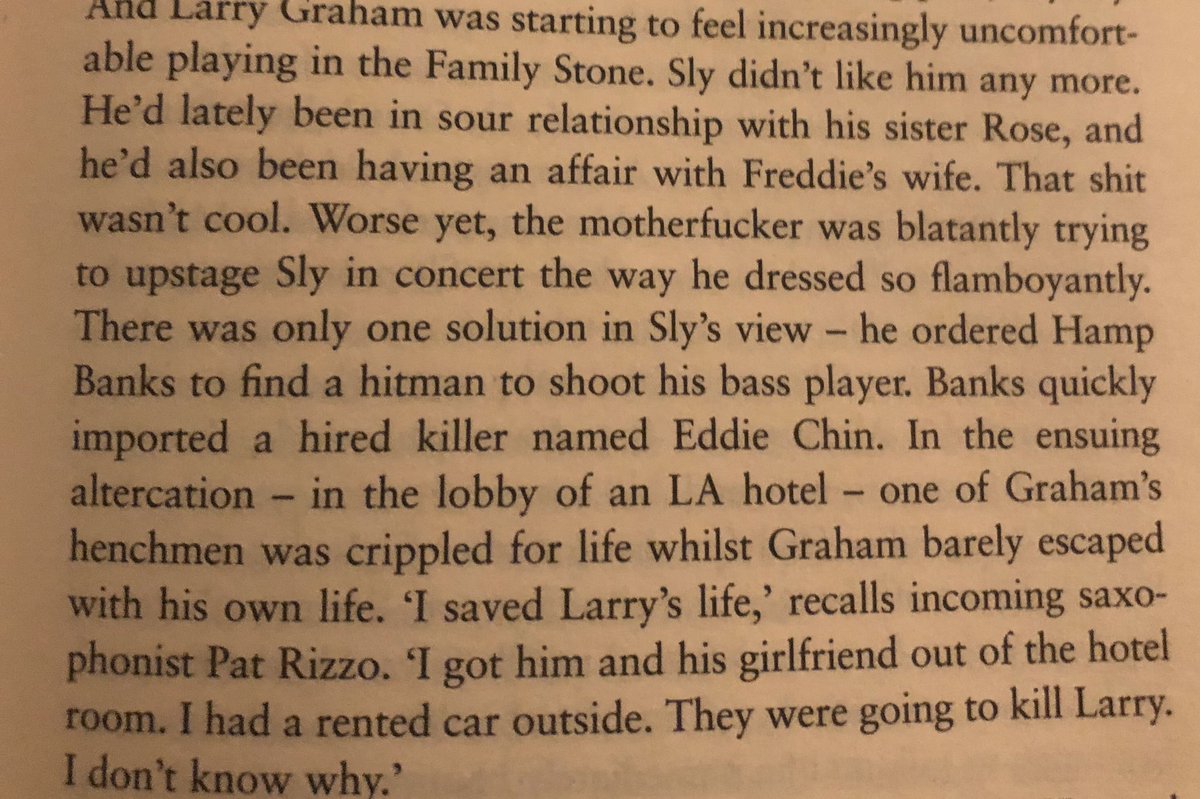 Sly Stone kicks Miles Davis off his keyboard, becomes a terrible tennant, doesn’t want to sack his bass player so tries to have him killed instead, meets Karen Carpenter and gets in a fight with Mohammed Ali. And his dog attacks his son.