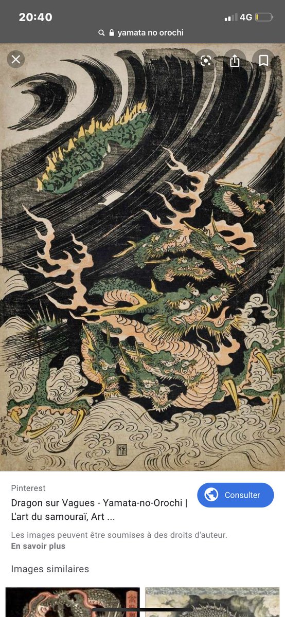 YAMATA NO OROCHIC’est un dragon à 8 têtes, 8 queues et aux yeux rouges crachant du venin. Il se nourrissant d’une jeune fille une fois par an et vivait près de la rivière Hi à Izumo. A l’issue d’une bataille ardue sur le mont>