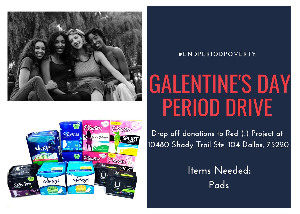 Red_Dot_Project's tweet photo. In honor of Galentine’s Day, we are seeking donations of pads for menstruators in need! For more information, please contact Kelly McKinnon @ kelly@hopesupplyco.org or 214-630-5765 https://t.co/qVPJThnBv9