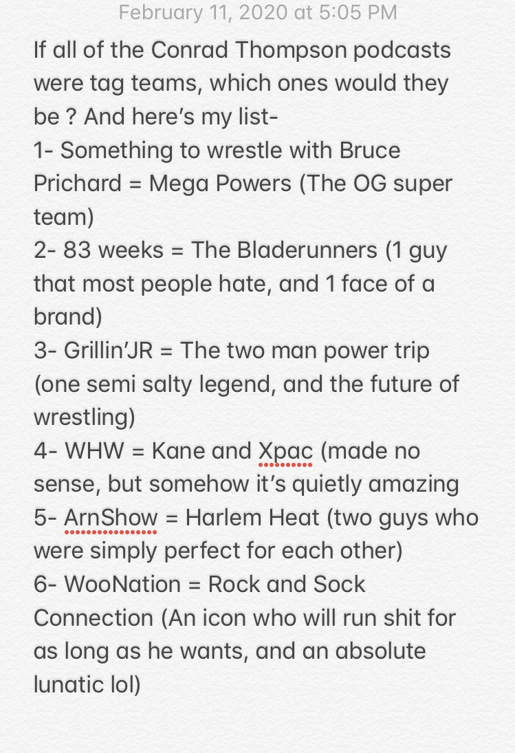 JoeyKahm's tweet photo. If @HeyHeyItsConrad ‘s podcasts were tag teams. Thought about this question and realized I’d love to hear EVERY Conrad Pod partner give their take on it, rather than just one. Would be a hilarious listen in any “ask-“ bit. @EBischoff @WHWMonday @bruceprichard @JRsBBQ @thecasiokid https://t.co/mb7T43gUSX
