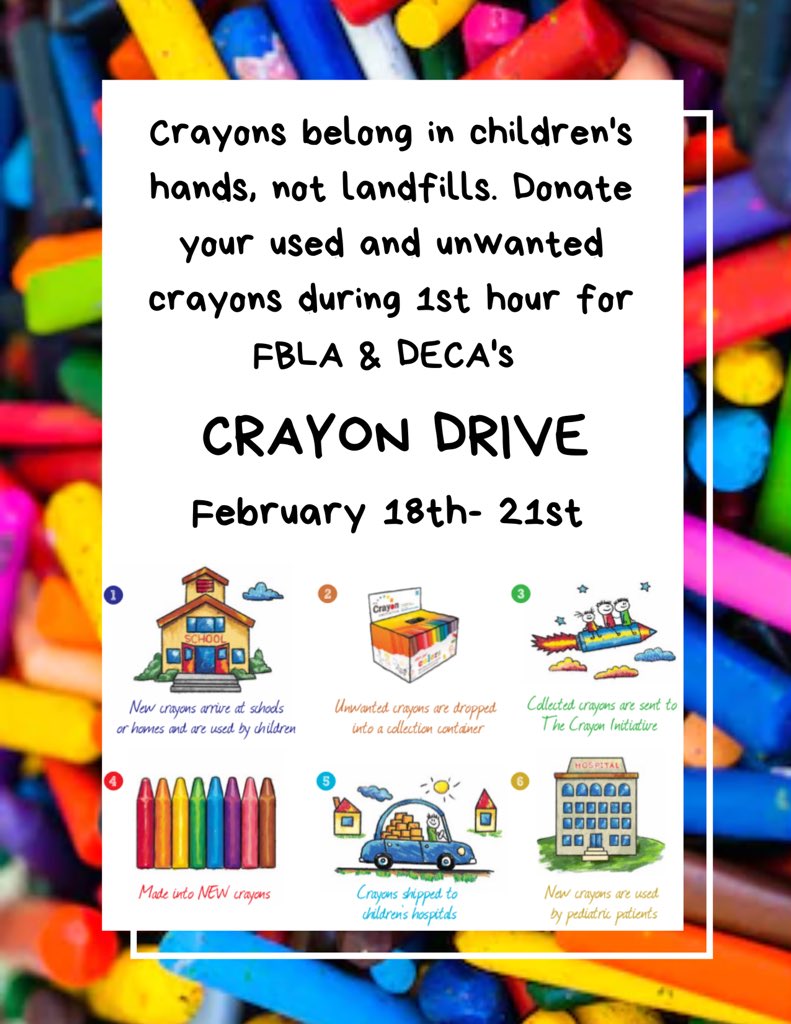 Do you have untouched crayons stuck a drawer at home?  Our chapter is hosting a Crayon Drive for crayons to be donated to pediatric patients. Donations will be collected from 1st hour classes &amp; restaurants next week.  Sustainability, charity, &amp; community engagement  all in one!