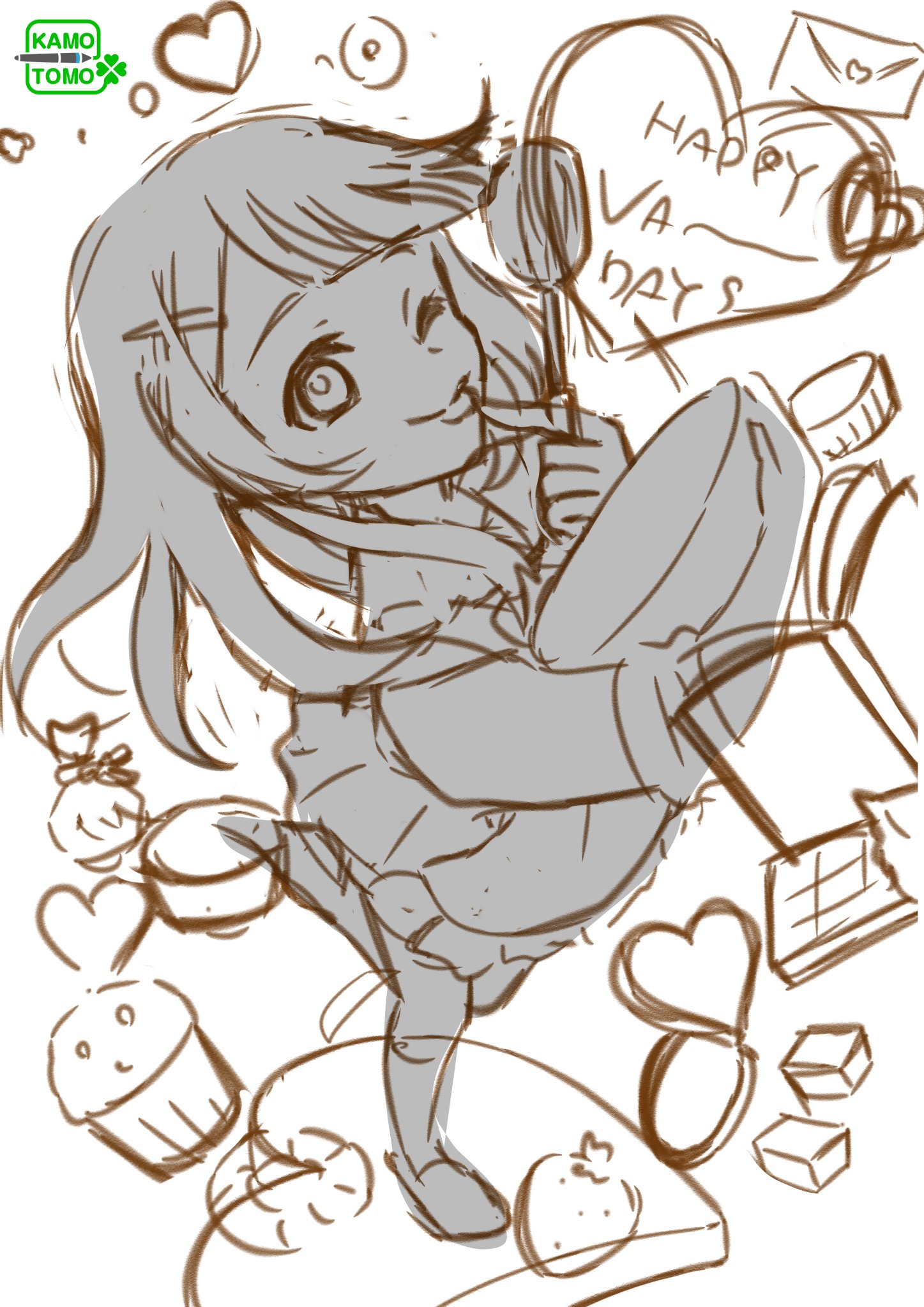 かもとも イラストレーター 今日は描いたイラストは数日寝かすと良いという話です D このイラスト キャラクターを取り巻くように下から上に小物を配置して それを追っていくと視線が顔に行き着くという視線誘導をやりたかったのですが ばら撒き