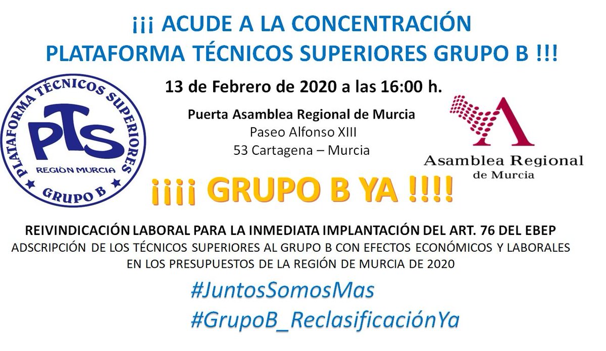 tecnicos_b's tweet photo. El PRÓXIMO JUEVES día 13 IREMOS LOS TÉCNICOS SUPERIORES a REIVINDICAR EL GRUPO B a la Asamblea Regional!!!!!!!
PORQUE YA ESTA BIEN!!!!!!
Por NUESTRA DIGNIDAD PROFESIONAL!!!!!
!!!!!!!!!!!! GRUPO B!!!!!!!!!!!
#JuntosSomosMas 
#GrupoBYa 
#GrupoB_ReclasificacionYa https://t.co/ktuUjmlPIH