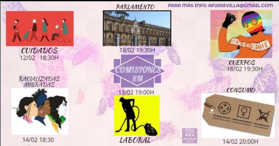 AfuSevilla's tweet photo. REUNIONES COMISIONES 8M 2020:

📌CUIDADOS: Espacio Akelarre 

📌PARLAMENTO: Viajero Sedentario

📌CUERPOS:  Sede DeFrente

📌RACIALIZADAS/MIGRADAS: Viajero Sedentario

📌LABORAL: La Sin Miedo

📌CONSUMO:  El Gallo Rojo https://t.co/QCxZNxJHuL
