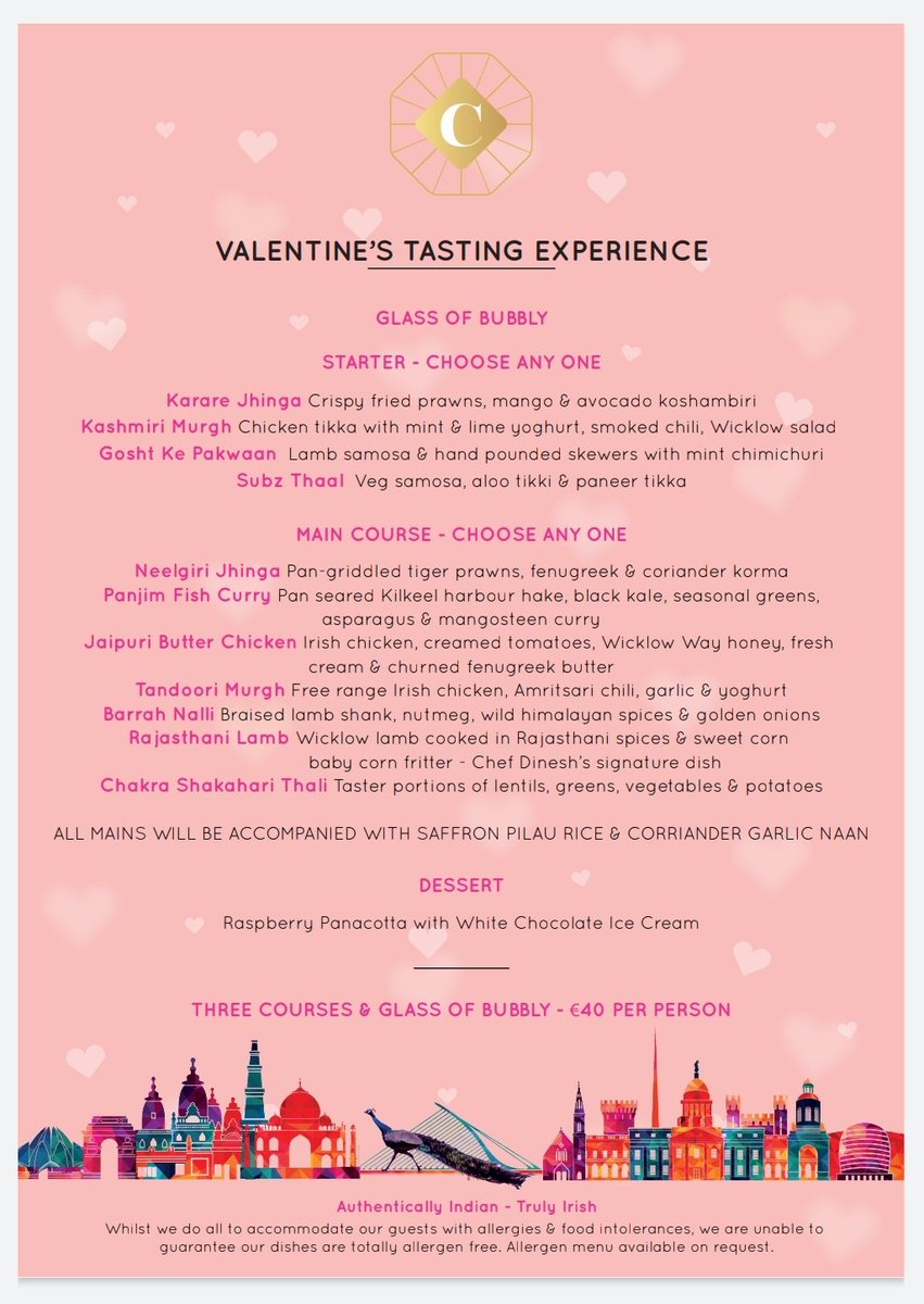 Will you be our Valentine... guests? Start with a glass of bubbly, then choose from our selection of starters &amp; mains before finishing your meal with a decandent dessert. Three courses for €40! Bookings available now🌹❤️