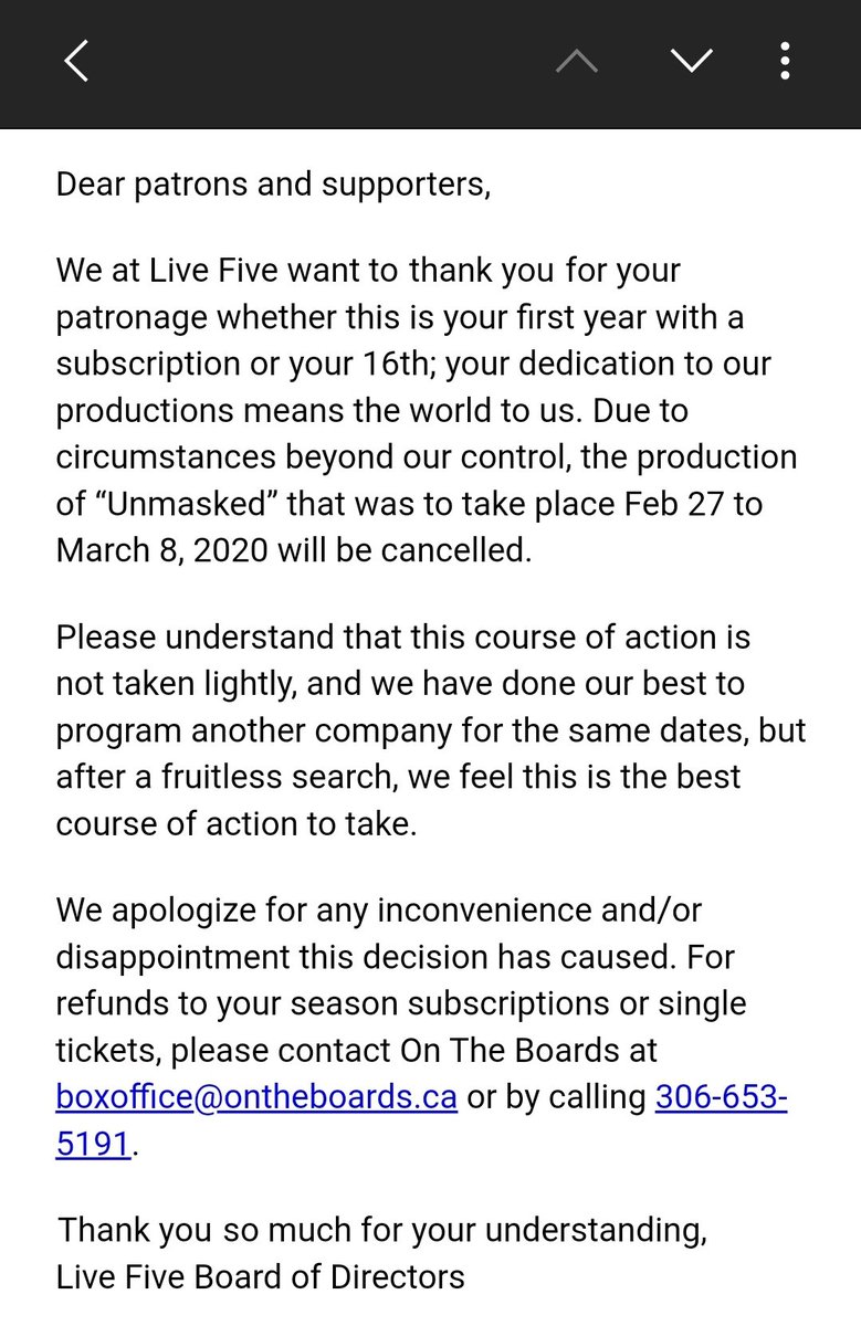LiveFiveTheatre's tweet photo. Please note that our upcoming show "Unmasked" has been cancelled. 

For any refunds, please contact @Ontheboardsyxe 

We apologize for any inconvenience this may have caused. https://t.co/cJlCj8Y6M9
