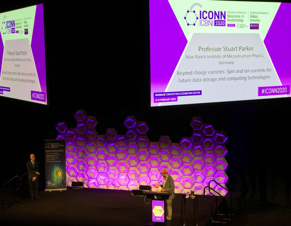 My former @IBMResearch colleague & lab next door neighbor Stuart Parkin @SSPParkin now @maxplanckpress giving a plenary lecture on his racetrack #memory & other #nano technologies for information #storage at #ICONN2020 #Brisbane, being introduced here by @NanoJagadish
