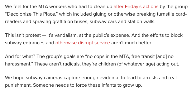 AshAgony's tweet photo. Or compare it to when the NY Post editorial board did a very short, 7-sentence op-ed on the #FTP3 protest & still managed to call the protesters "infants" & "children acting out" in it. https://t.co/JC4ZipWkXe https://t.co/YF0tzeyrfs