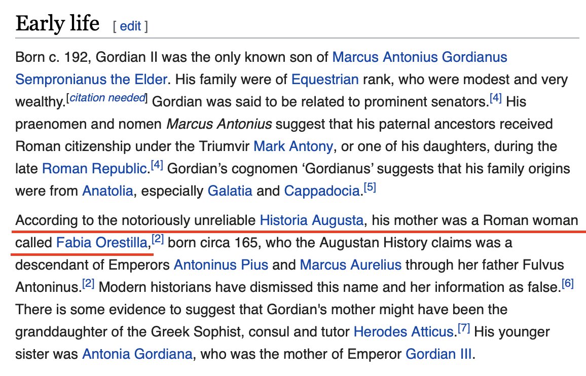 obviously, neither of the emperors share that name. instead, enter Fabia Orestillia, the potential wife of Gordian I and mother of Gordian II. The coincidence is there, but idk if i should choose to believe it since the source is, and i quote, "notoriously unreliable".