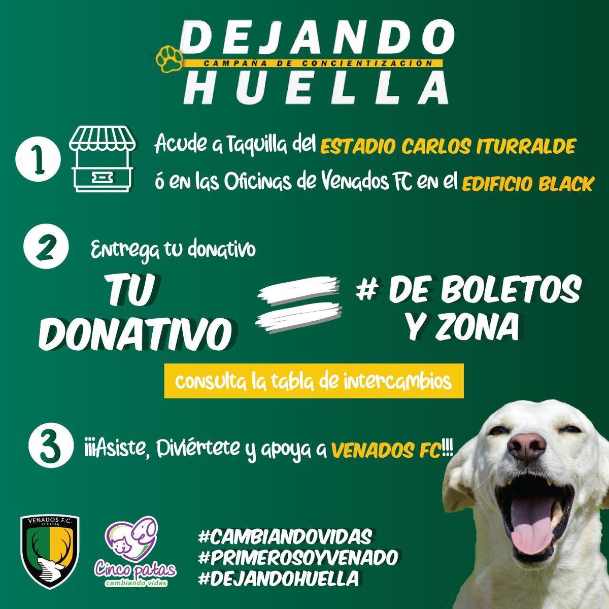 Todo el mes de febrero <a href="/venadosfc/">Venados F.C.</a> deja huella y estará recibiendo donativos para nuestros compañeros de 4 patas. 
¿Donde? ￼

Edificio Black: Of. de Venados y Taquilla del Estadio Carlos Iturralde

Completa el registro y obtén boletos para el partido contra Dorados.🔴