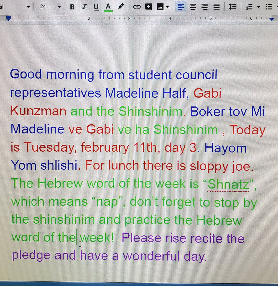 The Hebrew word of the week is "shnatz" which means "nap". Also, shnatz is my new favorite word. #Shinshinim #nap #MorningAnnouncements #CDSpgh