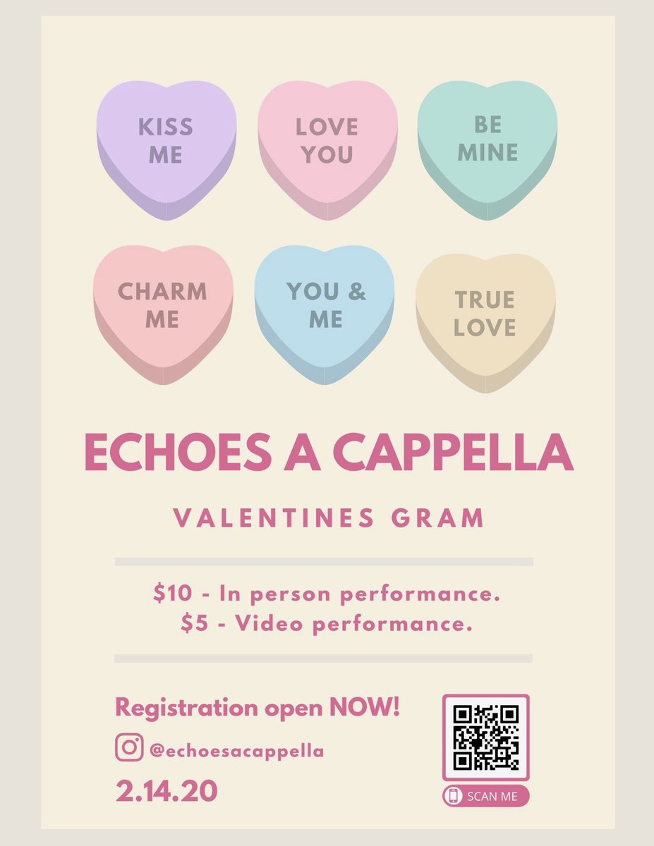 Hi loves!!💗 The Echoes are having their first EVER Valentines Day gram performances on 2/14. DM us if you would like us to serenade your sweetie on this romantic day🥰 Register through the QR or link in our bio!💘