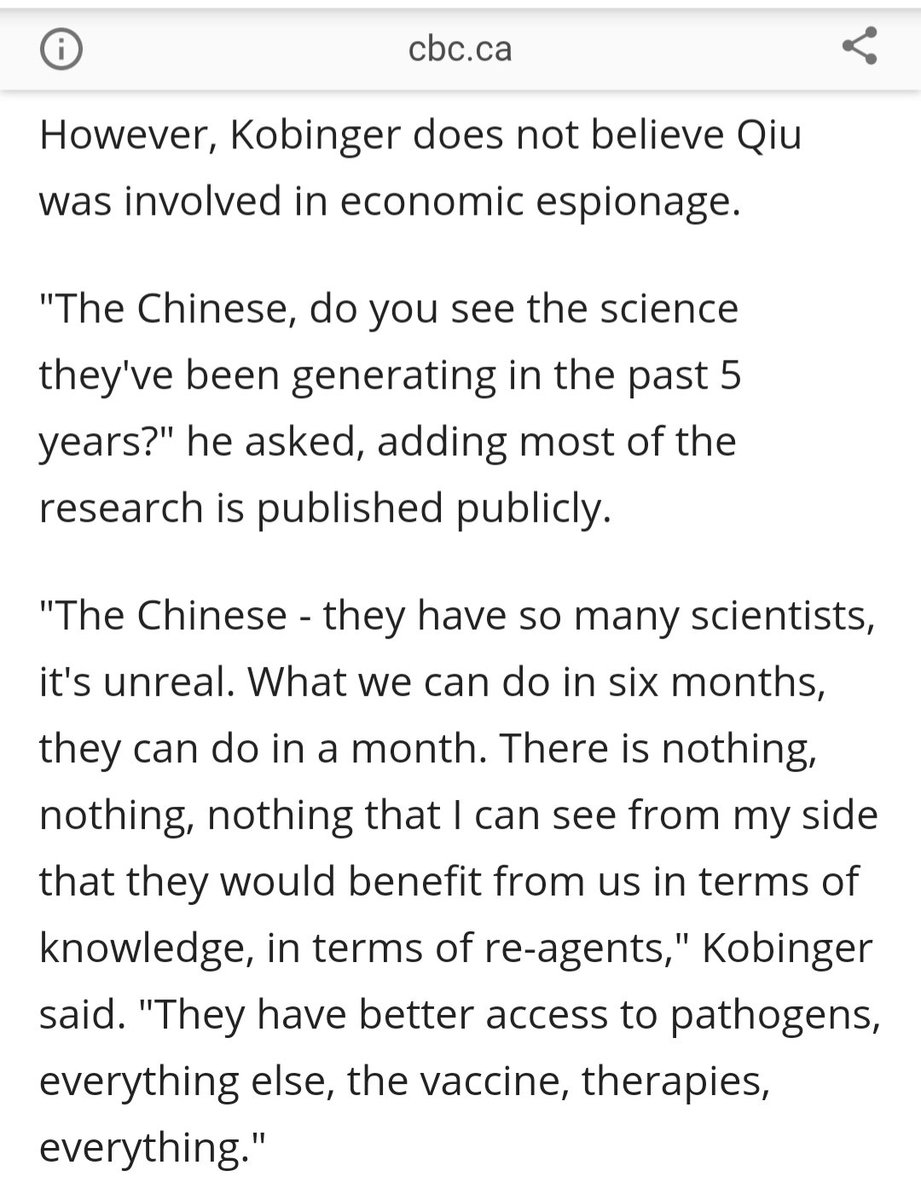 24) He said there was no way she was involved in espionage because the Chinese have more scientists, work faster, have better access to supplies and resources and could have just done it there. Why, then, did the Chinese obtain the Ebola vaccines through US/Canadian sources?