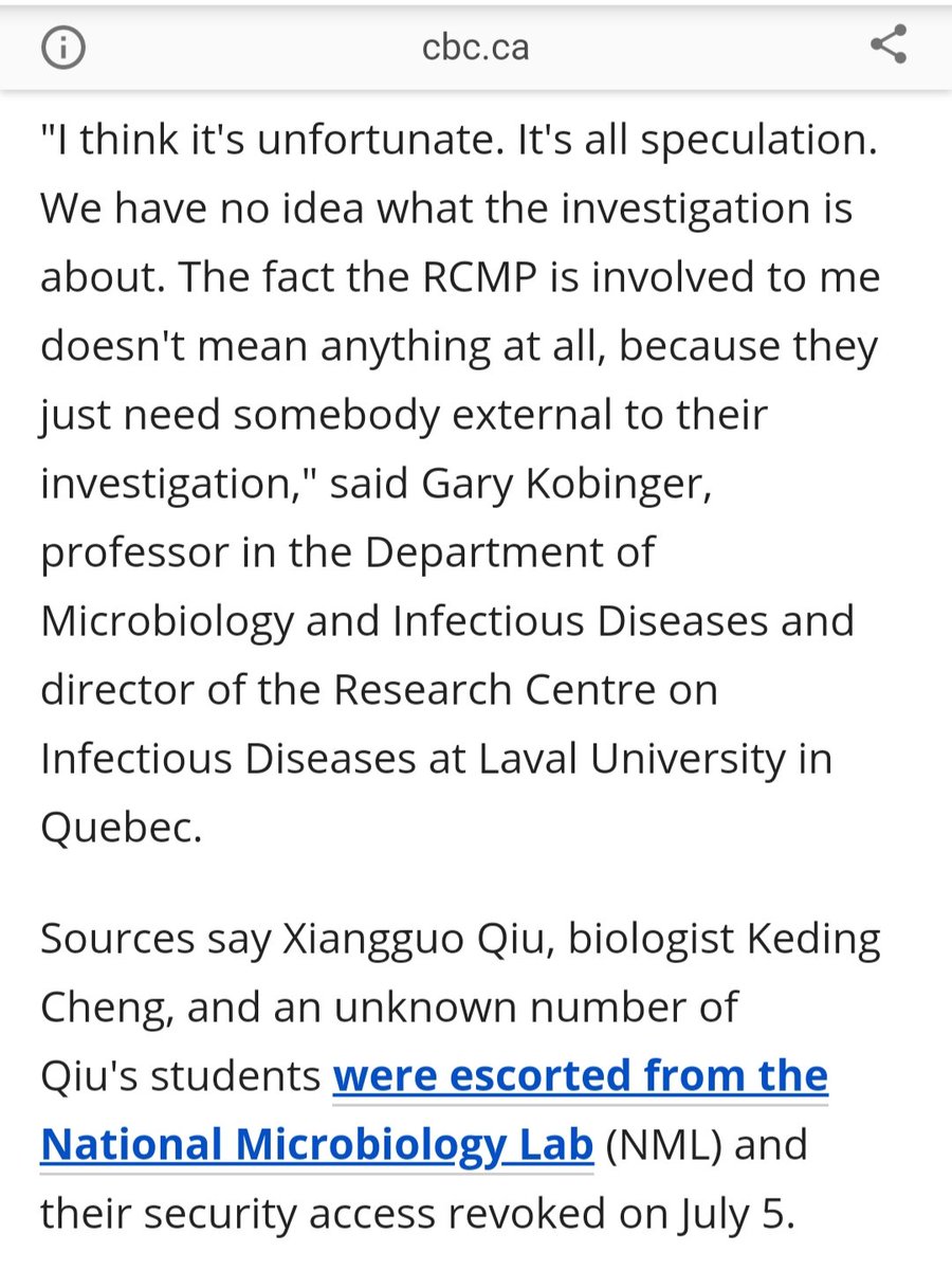 25) Dr. Kobinger said the "administrative matter" and "policy breach" that had Dr. Qiu's team dismissed by the RCMP could have been because of improperly filed paperwork, or a question of mandate. He said the police didn't need to be involved and were only there as a 3rd party.