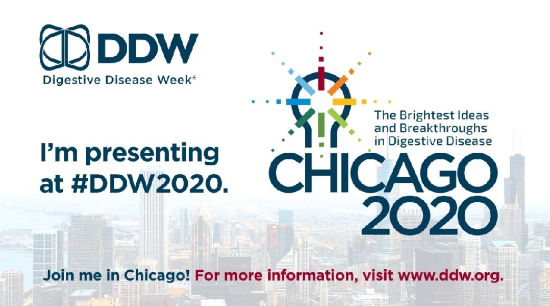 Third year in a row! @dr_aac lab present at #DDW2020. So excited to share our #BileAcid #LowCalorieDiet data! Also, expanding my field to #IBS and #SmallBowelVarices! See you at Chicago!