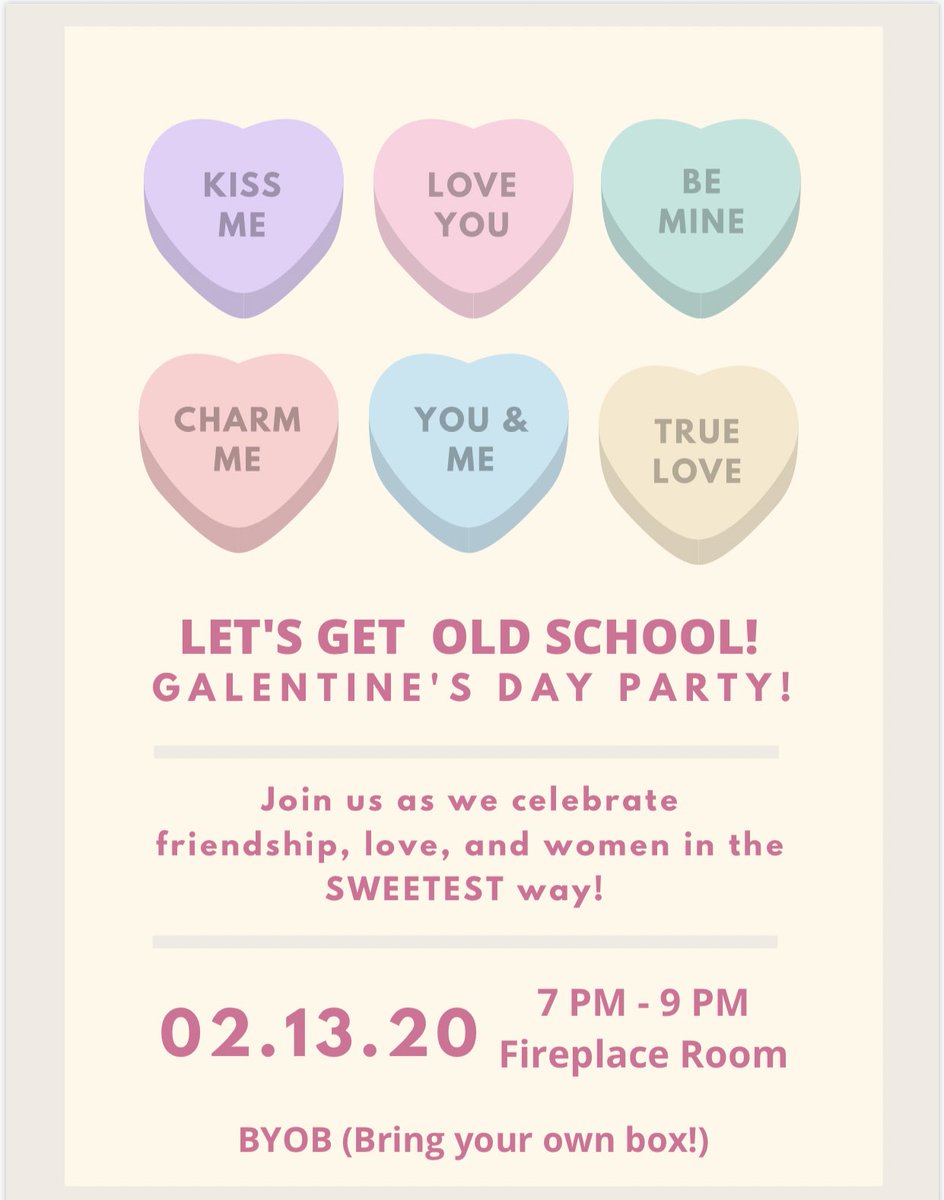 Have a special gal in your life you want to make a valentine for? Join us for FREE FOOD, cookie-making, and tunes on Galentine’s day in the Fireplace Room from 7-9!💞🍪💌
