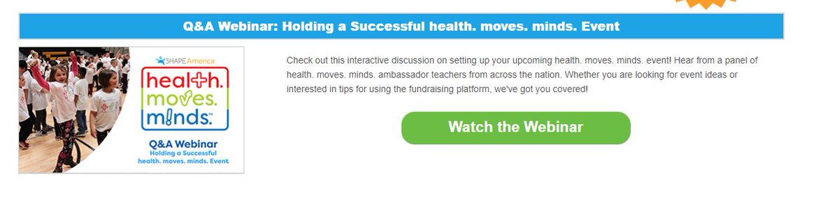 SHAPEAmerica's tweet photo. Getting started with #healthmovesminds is simple❗️

Check out our fresh webinar: Holding a Successful #healthmovesminds Event and download the getting started guide...it gets you up and running in minutes 🙌

More info👉https://t.co/IeoYdEHj5L
Register 👉https://t.co/k4n9C1FIKl https://t.co/thLmPiDOzU