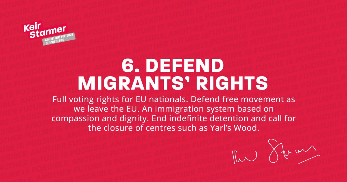 Full voting rights for EU nationals. Defend free movement as we leave the EU. An immigration system based on compassion and dignity. End indefinite detention and call for the closure of centres such as Yarl’s Wood.