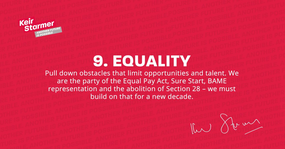 Pull down obstacles that limit opportunities and talent. We are the party of the Equal Pay Act, Sure Start, BAME representation and the abolition of Section 28 – we must build on that for a new decade.