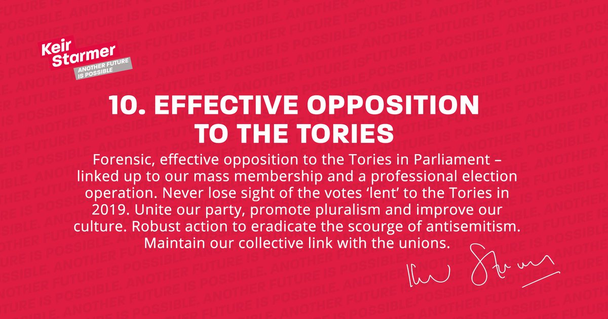 Forensic opposition to the Tories in Parliament – linked to our mass membership & a professional election operation. Never lose sight of the votes ‘lent’ to the Tories in 2019. Robust action to eradicate the scourge of antisemitism. Maintain our collective link with the unions.