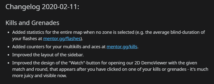MentorGG's tweet photo. Hey there,

we're still working hard on improving our backend and preparing for the next big update in March, but here's a small update for the kills and the grenade sites on https://t.co/eu0GNc00vv. https://t.co/M9nUjCdGst