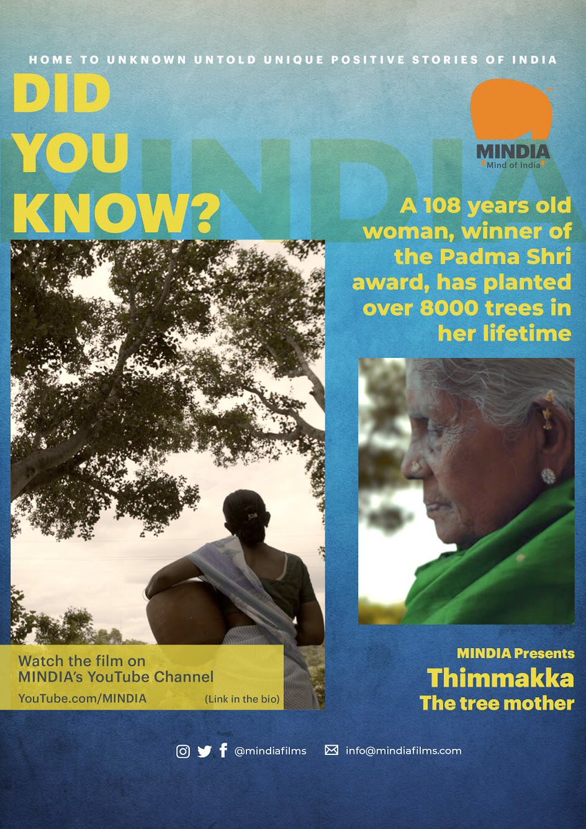 mindiafilms's tweet image. DID YOU KNOW? 
A 108 year old woman, winner of the Padma Shri award, has planted over 8000 trees in her lifetime. 
Subscribe to MINDIA’s YouTube channel to know more. 
#thimmakka #padmashri #treemother #environmentalist #karnataka #incredibleindia #mindia #positive #stories