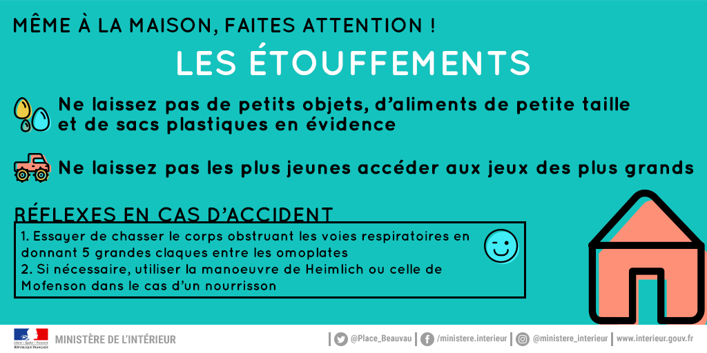 Interieur_Gouv's tweet photo. #LeSaviezVous❓Les 1res causes de mortalité chez les enfants sont dues aux #accidents domestiques.
👉 Révisez les bons réflexes en cas d'étouffements : si 5 claques dans le dos n'ont pas d'effets, pensez à la technique d'#Heimlich ou de #Mofenson dans le cas d'un nourrisson ! https://t.co/iOZXzusyq1