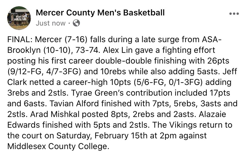 MCCCHoops's tweet photo. FINAL: Mercer (7-16) falls during a late surge from @ASA_Sports (10-10), 73-74. #MercerCollege #MCCCHoops #RowForward https://t.co/vFZUk04nsP
