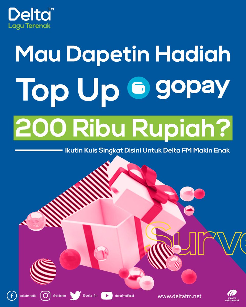 Delta_FM's tweet photo. Dengan mengisi kuis singkat ini https://t.co/nTBCKjHkvx kamu sudah membuat #DeltaFMMakinEnak, dapatkan juga voucher top up uang elektronik/Gopay senilai Rp.200,000,- untuk kamu yang beruntung https://t.co/W3IN58v74h