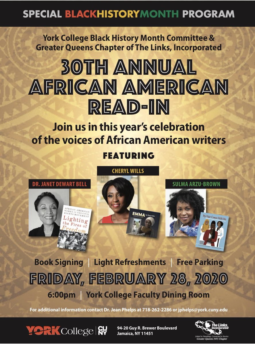 GQL1996's tweet photo. Greater Queens Chapter of The Links, Inc., in collaboration with York College Black History Month Committee, is pleased to announce the 30th Annual African Read-In. Mark you calendar and join us for a wonderful evening of literature and artistic expression.
#GQLinks
#LinksInc https://t.co/fAJIYoOWST