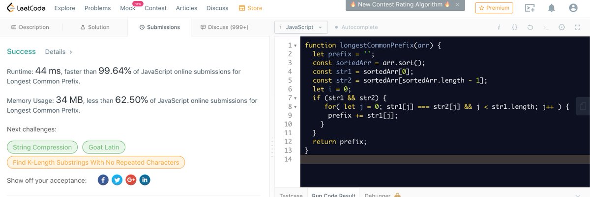 DanLHauer's tweet photo. Wow, my leetcode submission was accepted on the first try, and faster than 99.6% of JS submissions? 
I can't believe mine eyes. https://t.co/XbTEV0lcK5