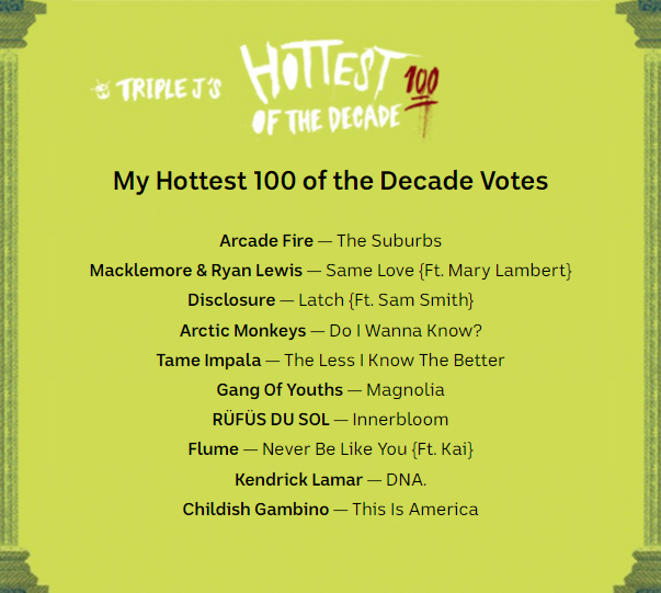 My choices for the <a href="/triplej/">triple j</a> #Hottest100 of the Decade. Self-imposed stipulation of one song per artist, otherwise voting was impossible.