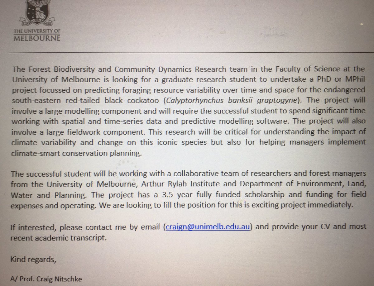 We are looking for a graduate research student (PhD or MPhil)  to work on an exciting project about red-tailed black cockatoo foraging habitat and climate variability and change. If you can share this with your networks that would be greatly appreciated!