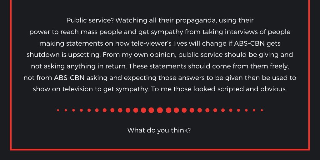 realityshits's tweet photo. My take on ABS CBN's reporting and how they use the media to get sympathy. It's just like let me give relief goods then at the end, thank me later and let me take a video of you saying it. Then will post it on public so everyone knows that we're helping people. 
#ABSCBNShutdown https://t.co/2CoFwxxjuf