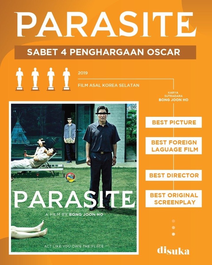Mengapa sih film Parasite layak mendapatkan 4 penghargaan oscar sekaligus? Simak di infografis berikut! #ParasiteMovie #Oscars20 #movie #infographic #disukaid