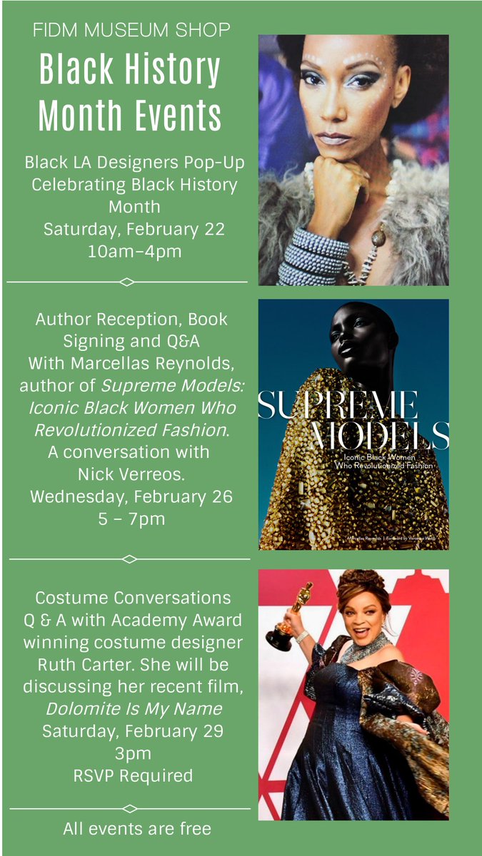 Save the dates for these three Black History Month events. All events are free. Costume Conversations Q &amp; A with Academy Award winning costume designer Ruth Carter requires an RSVP.
conta.cc/2wc6cyP
#FIDMMuseumShop in #dtla at #FIDMMuseum
<a href="/FIDMMuseum/">FIDM Museum</a>​ <a href="/FIDM/">FIDM</a>