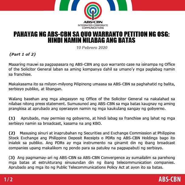 Mission_Posible's tweet photo. Opisyal na pahayag ng ABS-CBN sa inihaing Quo Warranto Petition laban sa kumpanya at isyu ng Tax Evasion. Maraming salamat po sa walang sawang pagsuporta mga kapamilya. https://t.co/8UZkysEJrH