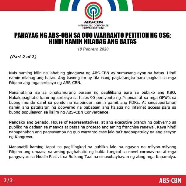 Mission_Posible's tweet photo. Opisyal na pahayag ng ABS-CBN sa inihaing Quo Warranto Petition laban sa kumpanya at isyu ng Tax Evasion. Maraming salamat po sa walang sawang pagsuporta mga kapamilya. https://t.co/8UZkysEJrH