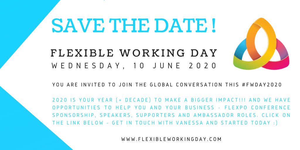 FlexWorkDay's tweet photo. SAVE THE DATE: Flexible Working Day 2020 has officially been set for Wednesday 10 June.  2020 is the year to make an impact! Lots of opportunities for you + your business- Flexpo Conference sponsorship, Speaker, Supporter and Ambassador roles. Get in touch. #Flexpo2020 #FWDay2020 https://t.co/0QDvUCXS6s