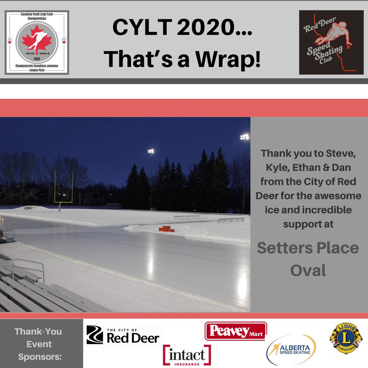 RDSpeedSkating's tweet photo. As we bid a fond farewell to the 2020 Canadian Youth Long Track Championships the CYLT committee would like to thank all who made this event such a success! @ssc_pvc @albertaspeedskating @cityofreddeer @peaveymart @lionsclubs @intactinsurance @clifbar #peaveymart @bcspeedskating https://t.co/AmWZLL8swA