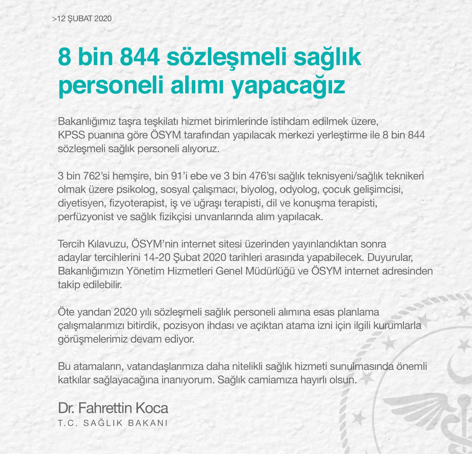 Dr Fahrettin Koca On Twitter Kpss Puanina Gore Osym Tarafindan Yapilacak Merkezi Yerlestirme Ile 8 Bin 844 Sozlesmeli Saglik Personeli Aliyoruz Bu Atamalarin Vatandaslarimiza Daha Nitelikli Saglik Hizmeti Sunulmasinda Onemli Katkilar Saglayacagina