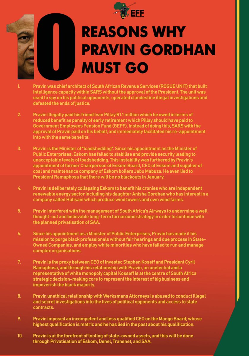 EFFSouthCape's tweet photo. [MUST READ]: 10 Reasons why Pravin Gordhan must go. #PravinMustFall https://t.co/PlF2PMAY8Z https://t.co/cokEX61A9A
