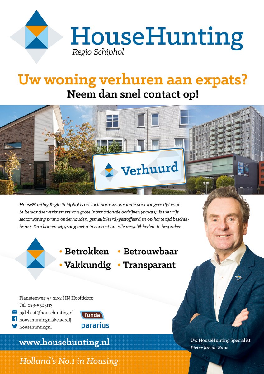 Al eens gedacht om uw woning te verhuren aan expats?  HouseHunting Regio Schiphol is op zoek naar woonruimte voor langere tijd. Meer  informatie hierover en contact gegevens in de nieuwste editie van InfoRegio.