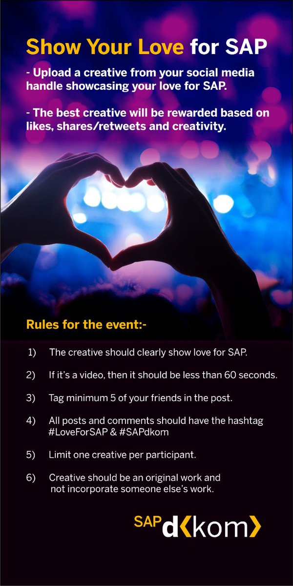 Participate and win exciting prizes .
#LoveForSAP #SAPdkom
<a href="/AarifRao/">Mohammad A K Rao</a> <a href="/karthikamlesh/">Kamalesh</a> <a href="/Gopal__Anand/">Gopal  Anand</a> <a href="/ChoudharyPooja_/">Pooja Choudhary</a> <a href="/KajalKamboj9/">Kajal Kamboj</a> <a href="/anirbaankc/">ANIRBAAN CHOWDHURY</a> <a href="/abhish_ak/">Abhishek Shukla</a> <a href="/theaasthasaxena/">Aastha</a> <a href="/RavneetKSethi/">Ravneet Kaur</a>