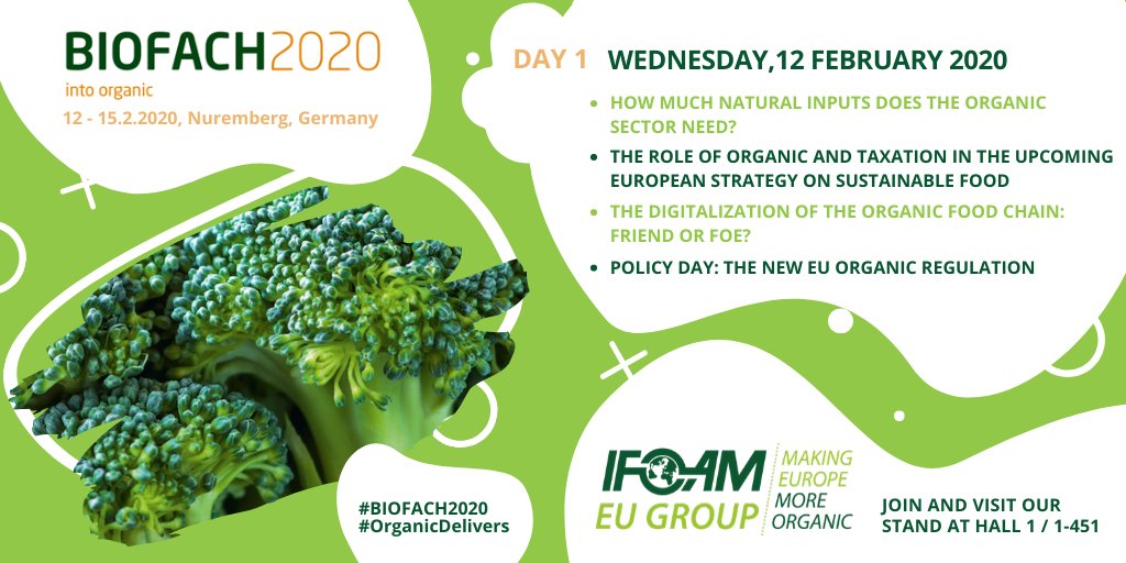 OrganicsEurope's tweet photo. 12/02 DAY 1 at #BIOFACH2020!
Let's recap:
- #NaturalInputs (11-11:45, Room Riga)
- The role of #organic & taxation in the #FarmToForkStrategy (11-11:45, Room Istanbul)
- Digitalization (12-13, Room Riga)
- #PolicyDay (16:30-18, Room St. Petersburg)
@BioFachVivaness https://t.co/EwYkgGYTJi