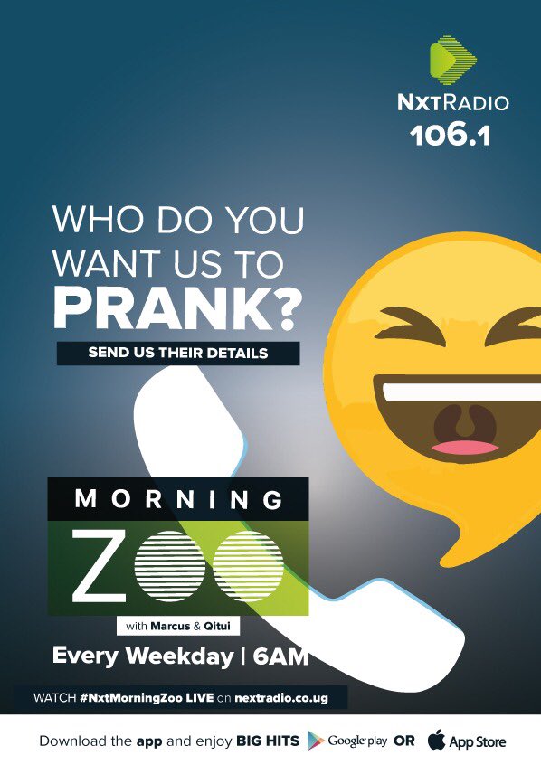 Who would you like us to prank LIVE on #NxtMorningZoo with <a href="/MarcusKwikiriza/">Marcus</a> &amp; @Qituiofficial? 🤪

Send us your brother, sister, father, mother, enemy, girlfriend, boyfriend or step mother’s contacts and we will surprise them with a prank call. 

Our DM is open.