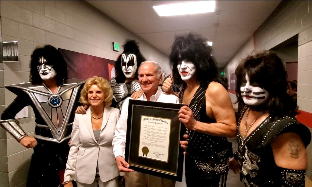 kiss's tweet photo. Governor @henrymcmaster officially declared February 11, 2020 as #KISS Day in South Carolina. The Governor presented the proclamation to the band backstage at @CLAmktg before the show. https://t.co/6j7gnXKS72
